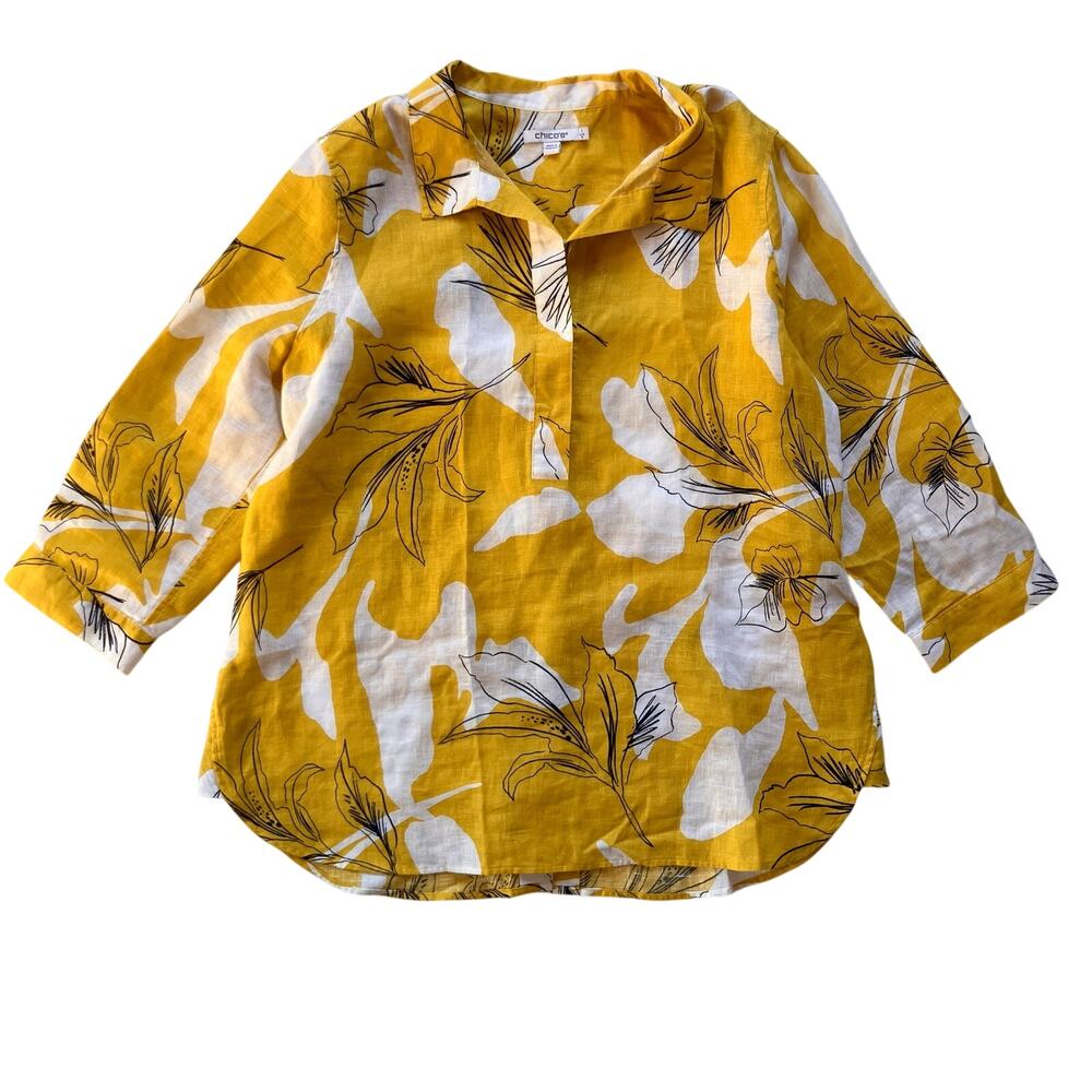 Talbots 100% Linen Yellow Floral Tunic Blouse Size 8 Casual Coastal Vacation